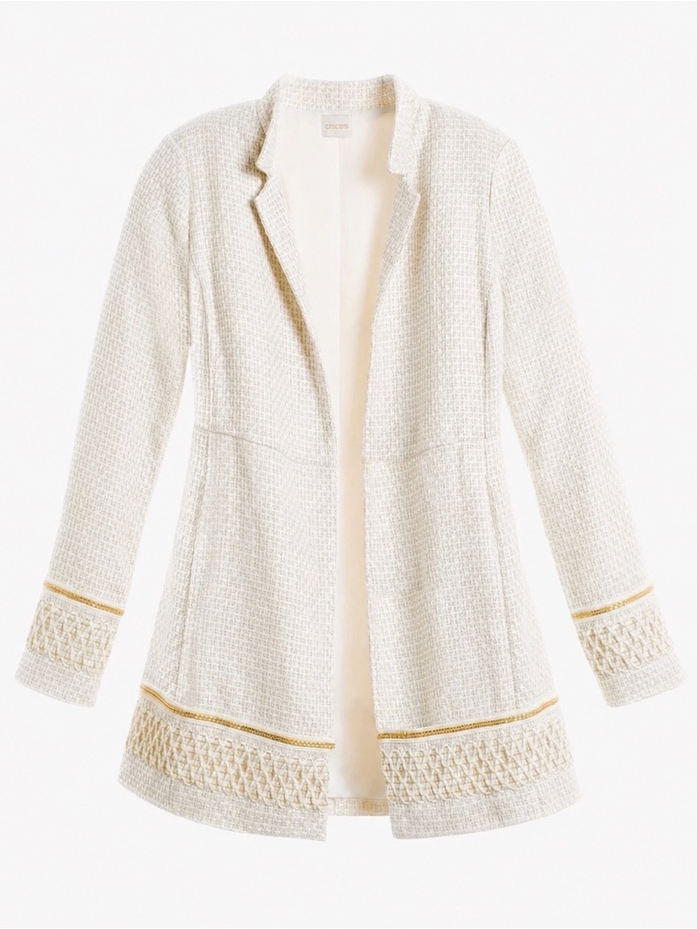 Chico's Ivory Textured Open-Front Jacket with Gold Crochet Trim